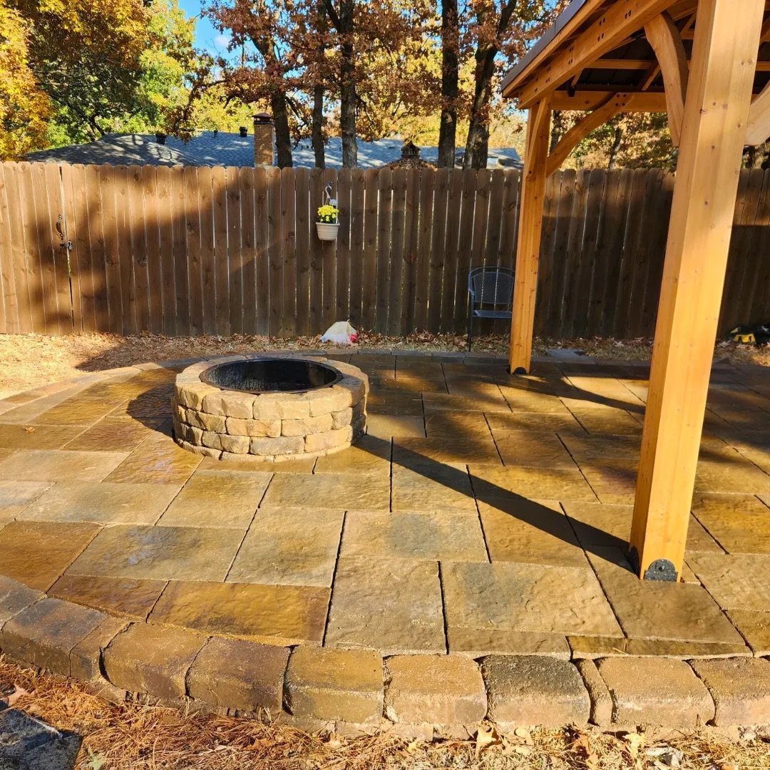 Backyard paver patio, fire pit and cedar pavilion
