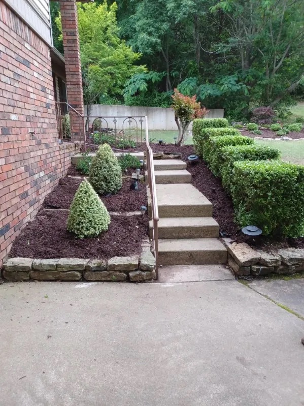 Stone steps between mulched beds and trimmed boxwoods